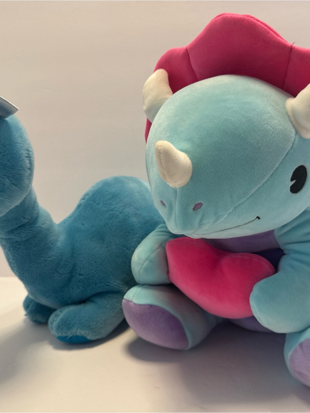 Large Fiesta Blue and Pink dinosaur Plush Triceratops,  brontosaurus 90’s